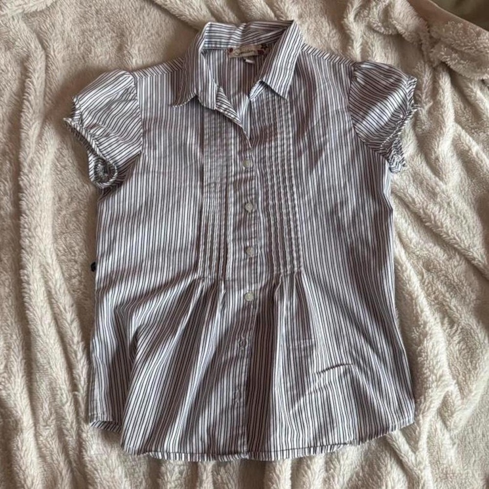 Speechless Navy and White Striped Puff Sleeve Button-Down Shirt